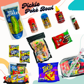 Overhead view of Chamoy Pickle Poké Kit ingredients including Takis, pickle, sauces, candy, and Gushers